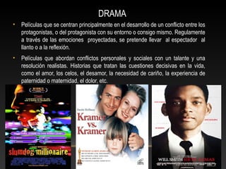 DRAMA
• Películas que se centran principalmente en el desarrollo de un conflicto entre los
protagonistas, o del protagonista con su entorno o consigo mismo. Regulamente
a través de las emociones proyectadas, se pretende llevar al espectador al
llanto o a la reflexión.
• Películas que abordan conflictos personales y sociales con un talante y una
resolución realistas. Historias que tratan las cuestiones decisivas en la vida,
como el amor, los celos, el desamor, la necesidad de cariño, la experiencia de
paternidad o maternidad, el dolor, etc.
 