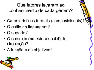 Que fatores levaram ao
conhecimento de cada gênero?
•
•
•
•

Características formais (composicionais)?
O estilo da linguagem?
O suporte?
O contexto (ou esfera social) de
circulação?
• A função e os objetivos?

 