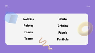 Conto
Crônica
Fábula
Parábola
Notícias
Relatos
Filmes
Teatro
 