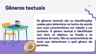 Gêneros textuais
Os gêneros textuais são as classificações
usadas para determinar os textos de acordo
com suas características em relação a um
contexto. O gênero textual é identificado
com base no objetivo, na função e no
contexto do texto. São as características do
texto que determinam a qual gênero ele
pertence.
 