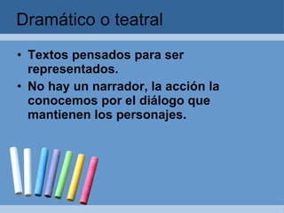 Dramático o teatral Textos pensados para ser representados. No hay un narrador, la acción la conocemos por el diálogo que mantienen los personajes.