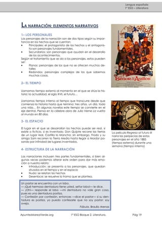 Lengua española
1º ESO – Literatura

LA NARRACIÓN: ELEMENTOS NARRATIVOS
1– LOS PERSONAJES
Los personajes de la narración son de dos tipos según su importancia en los hechos que se cuentan:
•
Principales: el protagonista de los hechos y el antagonista son personajes fundamentales.
•
Secundarios: son personajes que ayudan en el desarrollo
de los acontecimientos.
Según el tratamiento que se da a los personajes, estos pueden
ser:
•
Planos: personajes de los que no se ofrecen muchos detalles
•
Redondos: personajes complejos de los que sabemos
muchas cosas.

2– EL TIEMPO
Llamamos tiempo externo al momento en el que se sitúa la historia: la actualidad, el siglo XVII, el fututo…
Llamamos tiempo interno al tiempo que transcurre desde que
comienza la historia hasta que termina: tres años, un día, toda
una vida… En algunas novelas este tiempo se convierte en el
eje dentral. Piensa en la célebre obra de Julio Verne La vuelta
al mundo en 80 días.

3- EL ESPACIO
El lugar en el que se desarrollan los hechos puede ser real, si
existe o ficticio, si es inventado. Don Quijote recorre las tierras
de un lugar real, Castilla la Mancha; sin embargo, Frodo y su
amigo Sam recorren la Tierra Media hasta llegar a Mordor pasando por infinidad de lugares inventados.

La película Regreso al futuro III
narra las peripecias de estos
personajes en el año 1885
(tiempo externo) durante una
semana (tiempo interno)

4- ESTRUCTURA DE LA NARRACIÓN
Las narraciones incluyen tres partes fundamentales, si bien algunas veces podemos alterar este orden para dar más emoción a nuestro relato:
•
Introducción: se presenta a los personajes, que quedan
situados en el tiempo y en el espacio
•
Nudo: se relatan los hechos
•
Desenlace: se resuelve la trama que se plantea.
Un pastor se encuentra con un lobo.
— ¡Qué hermosa dentadura tiene usted, señor lobo!— le dice.
— ¡Oh!— responde el lobo —mi dentadura no vale gran cosa,
pues es una dentadura postiza.
— Confesión por confesión, entonces —dice el pastor— si su dentadura es postiza, yo puedo confesarle que no soy pastor: soy
oveja.
Fábula. Braulio Arenas
ApuntesMareaVerde.org

1º ESO Bloque 2. Literatura.

Pág 19

 