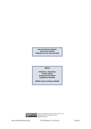 Recomendamos imprimir
todo el documento
utilizando las dos caras del folio

ÍNDICE
Definición y elementos
El texto teatral
El espectáculo teatral
Subgéneros teatrales
ANEXO: Farsa de Maese Pathelin

Licencia Creative Commos (CC- By-NC- SA)
Nadia Saffouri / María Rosa Sanz
El género teatral

ApuntesMareaVerde.org

1º ESO Bloque 2. Literatura.

Pág 26

 