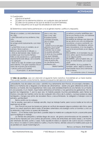 Lengua española
1º ESO – Literatura

ACTIVIDADES
1. Cuestionario:
•
¿Qué es el teatro?
•
¿Cuáles son los elementos básicos, en cualquier obra de teatro?
•
¿Cuáles son las partes en las que se divide la acción? Defínelas.
•
Haz un esquema con lo que has estudiado en este tema
2. Determina si estos textos pertenecen o no al género teatral. Justifica tu respuesta.
Dibujé un cordero. Lo miró atentamente y dijo:
—¡No! Este está ya muy enfermo. Haz
otro.
Volví a dibujar.
Mi amigo sonrió dulcemente, con indulgencia.
—¿Ves? Esto no es un cordero, es un
carnero. Tiene cuernos…
Rehice nuevamente mi dibujo[...].
—Este es demasiado viejo. Quiero un
cordero que viva mucho tiempo.
Falto ya de paciencia [...], garrapateé
rápidamente este dibujo, se lo enseñé,
y le agregué:
—Esta es la caja. El cordero que quieres
está adentro. Con gran sorpresa mía el
rostro de mi joven juez se iluminó:
—¡Así es como yo lo quería!
El principito. A. de Saint-Exupery

Una y una, dos.
Dos y una, seis.
El pobre burrito
contaba al revés.
¡No lo sabe!
- Sí lo sé.
- ¡Usted nunca estudia!
Dígame ¿por qué?
Cuando voy a casa
no puedo estudiar;
mi amo es muy pobre
hay que trabajar.
Trabajo en la noria
todo el santo día
no me llame burro,
profesora mía.
Gloria Fuertes

La señora y el señor MARTINse sientan el uno frente al otro, sin hablarse.
Se sonríen con timidez.
SR.MARTIN (el diálogo que sigue debe ser dicho con una voz lánguida,
monótona, un poco cantante, nadamatizada):– Discúlpeme, señora,
pero me parece, si no me engaño,
que la he encontrado ya en alguna
parte.
SRA.MARTIN:– A mí también me parece, señor, que lo he encontrado
ya en alguna parte.
SR.MARTIN:– ¿No la habré visto, señora, en Manchester, por casualidad?
SRA.MARTIN:– Es muy posible! Yo
también, señor, dejé la ciudad de
Manchester hace cinco semanas,
más o menos.
La cantante calva. E. Ionesco.

3. Taller de escritura. Lee con atención el siguiente texto narrativo. Conviértelo en un texto teatral.
Para poder hacerlo correctamente, repasa el esquema del ejercicio anterior:
-¡Mozalbete, has de saber una cosa – advirtió muy seriamente don Poncio, el concejal y tendero, a
Renco la mañana de su llegada a la tienda de ultramarinos- : existe una gran diferencia entre una
tienda y un hostal. ¡No nos engañemos! Esta casa, este establecimiento es una tienda; no un hostal,
ni una posada, ni un mesón. Aquí todos arrimamos el hombro y nos ganamos los garbanzos. No nos
gustan los holgazanes. Y, por lo que veo, tú habrás pasado muchas penalidades, pero tienes las
manos y los pies tan fuertes como los de cualquier otro chico de tu edad y, aunque parezcas algo
remilgado y tengas esa pinta de recadero flaco y escuchimizado, te obligaré a trabajar cono el
primero, ¿entiendes?
Renco sintió con la cabeza.
- No te asustes, que será un trabajo sencillo. Aquí se trabaja fuerte, pero nunca nadie se ha roto el
espinazo en el tajo.
Don Poncio se puso los brazos en jarras en actitud de esperar alguna palabra del chico, pero
renco no creyó oportuno decir nada. El tendero ostentaba una barriga como un bombo y una cara redonda y roja como un queso de Holanda.
- Bueno … Si no tienes nada que decir, puedes dejar la maleta en cualquier rincón y acercarte para
que te explique tu trabajo.
La Tienda era pequeña y estaba llega de sacos de grano amontonados en las paredes: tenía el techo tapado por una cortina de jamones y ristras de embutidos de todas clases, y el mostrador atestado de latas, potes y cajas. Todo aquello le daba un aspecto de cueva oscura o mazmorra y renco no sabía ni cómo darse la vuelta y mucho menos, dónde colocar la maleta para que no
se perdiera en aquel maremágnum.
Renco y el tesoro. Emili Téixidor
ApuntesMareaVerde.org

1º ESO Bloque 2. Literatura.

Pág 28

 