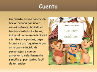 Cuento


Un cuento es una narración
breve creada por uno o
varios autores, basada en
hechos reales o ficticios,
inspirada o no en anteriores
escritos o leyendas, cuya
trama es protagonizada por
un grupo reducido de
personajes y con un
argumento relativamente
sencillo y, por tanto, fácil
de entender

 