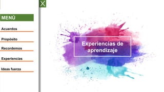 MENÚ
Acuerdos
Propósito
Recordemos
Experiencias
Ideas fuerza
Experiencias de
aprendizaje
 