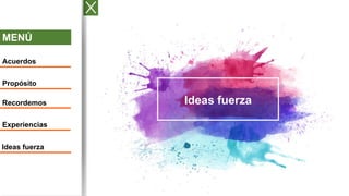 MENÚ
Acuerdos
Propósito
Recordemos
Experiencias
Ideas fuerza
Ideas fuerza
 
