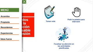 MENÚ
Acuerdos
Propósito
Recordemos
Experiencias
Ideas fuerza
 