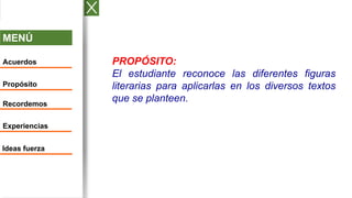 MENÚ
Acuerdos
Propósito
Recordemos
Experiencias
Ideas fuerza
PROPÓSITO:
El estudiante reconoce las diferentes figuras
literarias para aplicarlas en los diversos textos
que se planteen.
 