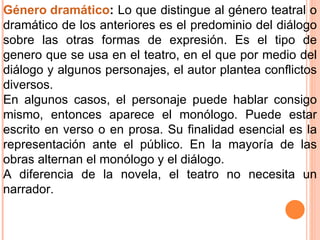 Género dramático :  Lo que distingue al género teatral o dramático de los anteriores es el predominio del diálogo sobre las otras formas de expresión. Es el tipo de genero que se usa en el teatro, en el que por medio del diálogo y algunos personajes, el autor plantea conflictos diversos. En algunos casos, el personaje puede hablar consigo mismo, entonces aparece el monólogo. Puede estar escrito en verso o en prosa. Su finalidad esencial es la representación ante el público. En la mayoría de las obras alternan el monólogo y el diálogo. A diferencia de la novela, el teatro no necesita un narrador. 