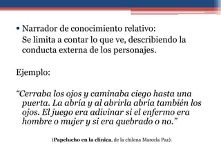  Narrador de conocimiento relativo:
  Se limita a contar lo que ve, describiendo la
  conducta externa de los personajes.

Ejemplo:

“Cerraba los ojos y caminaba ciego hasta una
  puerta. La abría y al abrirla abría también los
  ojos. El juego era adivinar si el enfermo era
  hombre o mujer y si era quebrado o no.”

           (Papelucho en la clínica, de la chilena Marcela Paz).
 