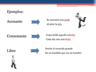 Ejemplos:

              Se encontró una perla
Asonante
              Al abrir la tela



             Como brilla aquella estrella
Consonante
             Cada día esta más bella


             Detrás el recuerdo grande
Libre        De un bandido que era un hombre
 