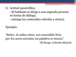 b) Actitud apostrófica:
   - El hablante se dirige a una segunda persona
   en forma de diálogo.
   - entrega los contenidos referido a otro(a).

Ejemplo:

“Señor, tú sabes cómo, con encendido brío,
por los seres extraños mi palabra te invoca”.
                          (El Ruego. Gabriela Mistral)
 