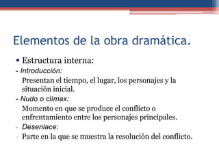 Elementos de la obra dramática.
 Estructura interna:
- Introducción:
   Presentan el tiempo, el lugar, los personajes y la
   situación inicial.
- Nudo o clímax:
   Momento en que se produce el conflicto o
   enfrentamiento entre los personajes principales.
- Desenlace:
- Parte en la que se muestra la resolución del conflicto.
 