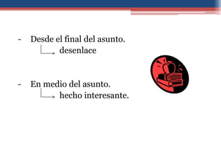 -   Desde el final del asunto.
           desenlace


-   En medio del asunto.
          hecho interesante.
 