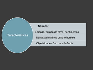 Narrador
Narrativa histórica ou fato heroico
Objetividade / Sem interferência
Emoção, estado da alma, sentimentos
Características
 