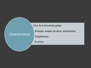 Vem do instrumento grego
Subjetivismo
Eu-lírico
Emoção, estado da alma, sentimentos
Características
 