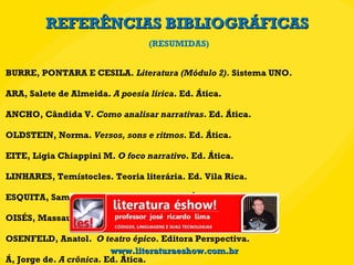 REFERÊNCIAS BIBLIOGRÁFICAS ABURRE, PONTARA E CESILA.  Literatura (Módulo 2).  Sistema UNO. CARA, Salete de Almeida.  A poesia lírica . Ed. Ática. GANCHO, Cândida V.  Como analisar narrativas . Ed. Ática. GOLDSTEIN, Norma.  Versos, sons e ritmos . Ed. Ática. LEITE, Ligia Chiappini M.  O foco narrativo . Ed. Ática. LINHARES, Temístocles. Teoria literária. Ed. Vila Rica. MESQUITA, Samira Nahid de.  O enredo . Ed. Ática. MOISÉS, Massaud.  Dicionário de termos literário s. Cultrix. ROSENFELD, Anatol.  O teatro épico . Editora Perspectiva. SÁ, Jorge de.  A crônica . Ed. Ática. SOARES, Angélica.  Gêneros literários . Ed. Ática. (RESUMIDAS) www.literaturaeshow.com.br 