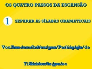 OS QUATRO PASSOS DA ESCANSÃO SEPARAR AS SÍLABAS GRAMATICAIS Vou-me embora pra Pasárgada Vou/me/em/bo/ra/pra/Pa/sár/ga/da Tirai este peso Ti/rai/es/te/pe/so 1 