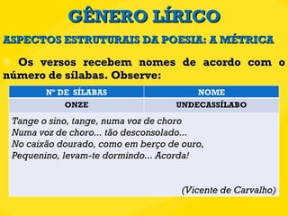 GÊNERO LÍRICO Os versos recebem nomes de acordo com o número de sílabas. Observe: ASPECTOS ESTRUTURAIS DA POESIA: A MÉTRICA Nº DE  SÍLABAS NOME ONZE UNDECASSÍLABO Tange o sino, tange, numa voz de choro Numa voz de choro... tão desconsolado... No caixão dourado, como em berço de ouro, Pequenino, levam-te dormindo... Acorda!  (Vicente de Carvalho) 