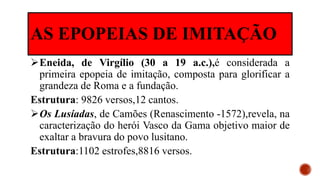 Eneida, de Virgílio (30 a 19 a.c.),é considerada a
primeira epopeia de imitação, composta para glorificar a
grandeza de Roma e a fundação.
Estrutura: 9826 versos,12 cantos.
Os Lusíadas, de Camões (Renascimento -1572),revela, na
caracterização do herói Vasco da Gama objetivo maior de
exaltar a bravura do povo lusitano.
Estrutura:1102 estrofes,8816 versos.
AS EPOPEIAS DE IMITAÇÃO
 