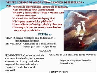 VEINTE  POEMAS DE AMOR Y UNA CANCIÓN DESESPERADA - 1924 <ul><li>Se unen la experiencia de Temuco y la de Santiago.  </li><...