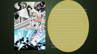La del periodismo informativo, que surge sobre
1870, paralelo al periodismo ideológico, y que se
irá perfilando a partir de 1914, primero en
Inglaterra y después en EEUU, como un
periodismo que se apoya sobre todo en la
narración o en el relato de los hechos. Esta
etapa ha sido denominada como "la Edad de
Oro de la Prensa", en la que los hechos se
imponen a los comentarios. Los anglosajones lo
llaman story, y da paso a lo que hoy conoces
como información "pura y dura", aunque en
este género periodístico informativo también
entran los reportajes y las crónicas, con sus
respectivas variantes.
 