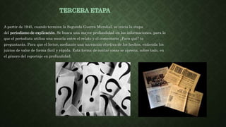 A partir de 1945, cuando termina la Segunda Guerra Mundial, se inicia la etapa
del periodismo de explicación. Se busca una mayor profundidad en las informaciones, para lo
que el periodista utiliza una mezcla entre el relato y el comentario ¿Para qué? te
preguntarás. Para que el lector, mediante una narración objetiva de los hechos, entienda los
juicios de valor de forma fácil y rápida. Esta forma de contar cosas se aprecia, sobre todo, en
el género del reportaje en profundidad.
 