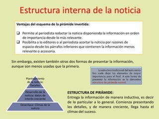 Estructura interna de la noticia
Ventajas del esquema de la pirámide invertida:
 Permite al periodista redactar la noticia disponiendo la información en orden
de importancia desde lo más relevante.
 Posibilita a lo editores o al periodista acortar la noticia por razones de
espacio desde los párrafos inferiores que contienen la información menos
relevante o accesoria.
Sin embargo, existen también otras dos formas de presentar la información,
aunque son menos usadas que la primera.
ESTRUCTURA DE PIRÁMIDE:
Entrega la información de manera inductiva, es decir
de lo particular a lo general. Comienza presentando
los detalles, y de manera creciente, llega hasta el
clímax del suceso.
Planteamiento
de la noticia:
Detalles
Desarrollo de la
noticia: datos de
interés creciente
Desenlace: Clímax de la
noticia
 