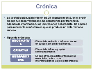Crónica
 Es la exposición, la narración de un acontecimiento, en el orden
en que fue desarrollándose. Se caracteriza por transmitir,
además de información, las impresiones del cronista. Se emplea
para recrear la atmósfera en que se produce un determinado
suceso.
 Tipos de crónicas:
• El cronista se limita a informar sobre
un suceso, sin omitir opiniones.
Informativ
a
• El cronista informa y opina
simultáneamente.Opinativa
• La que ofrece los datos informativos
esenciales, sobre todo,
interpretaciones y juicios del cronista.
Interpreta
tiva
 