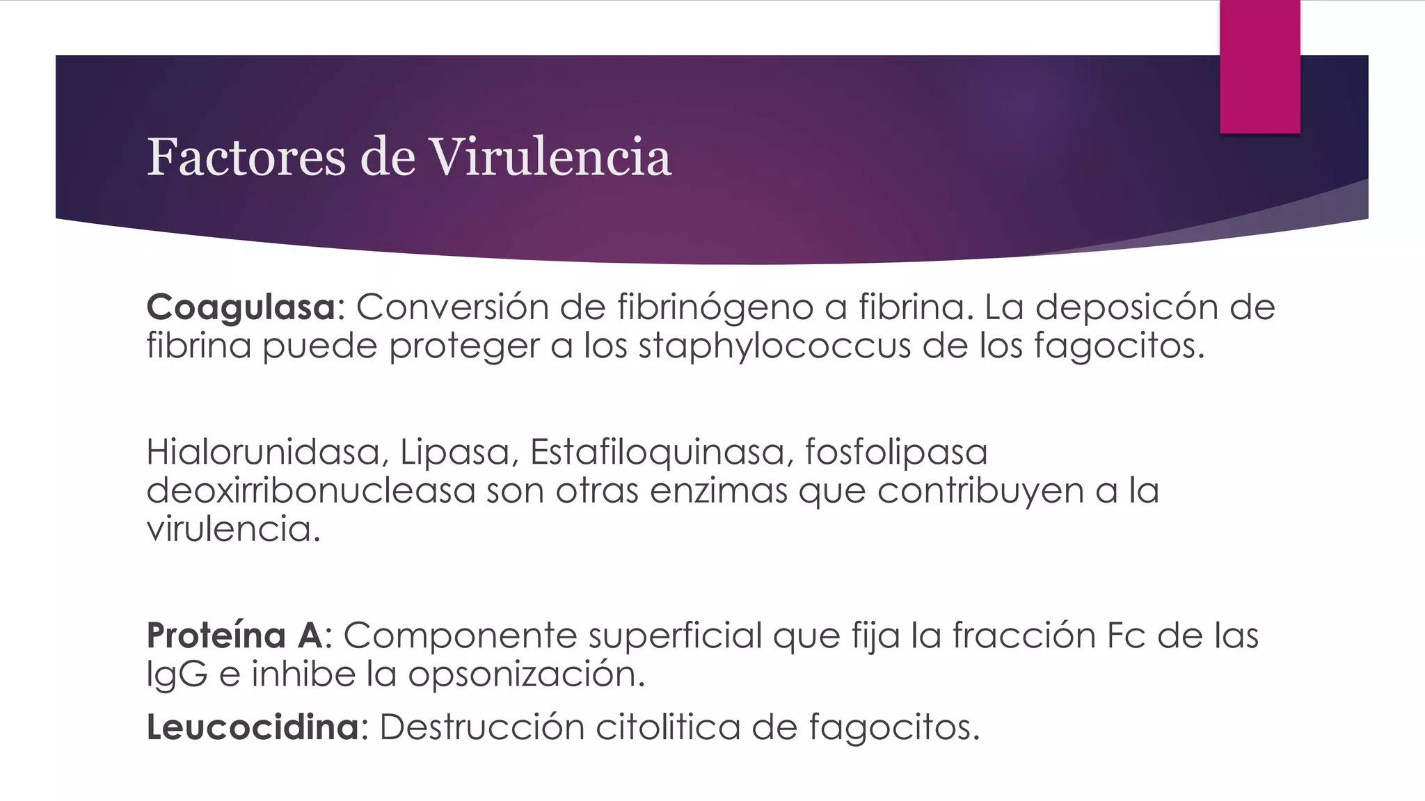 Factores de Virulencia
Coagulasa: Conversión de fibrinógeno a fibrina. La deposicón de
fibrina puede proteger a los staphylococcus de los fagocitos.
Hialorunidasa, Lipasa, Estafiloquinasa, fosfolipasa
deoxirribonucleasa son otras enzimas que contribuyen a la
virulencia.
Proteína A: Componente superficial que fija la fracción Fc de las
IgG e inhibe la opsonización.
Leucocidina: Destrucción citolitica de fagocitos.
 