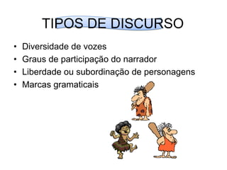 TIPOS DE DISCURSODiversidade de vozesGraus de participação do narradorLiberdade ou subordinação de personagensMarcas gramaticais