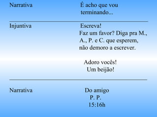 Narrativa   É acho que vou  terminando... _____________________________________________________ Injuntiva   Escreva! Faz um favor? Diga pra M.,  A., P. e C. que esperem,  não demoro a escrever. Adoro vocês! Um beijão! _____________________________________________ Narrativa   Do amigo P. P. 15:16h 