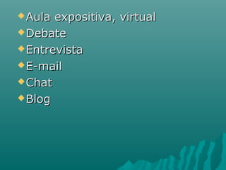 Aula expositiva, virtualAula expositiva, virtual
DebateDebate
EntrevistaEntrevista
E-mailE-mail
ChatChat
BlogBlog
 