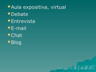 Aula expositiva, virtual
Debate
Entrevista
E-mail
Chat
Blog
 