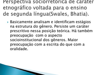 Perspectiva sociorretórica de caráter etnográfico voltada para o ensino de segunda língua(Swales, Bhatia).Basicamente analisam e identificam estágios na estrutura do gênero. Persiste um caráter prescritivo nessa posição teórica. Há também preocupação  com o aspecto socioinstitucional dos gêneros. Maior preocupação com a escrita do que com a oralidade.