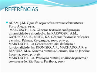 REFERÊNCIAS
ADAM, J.M. Tipos de sequências textuais elementares.
Porto Alegre, 1992.
MARCUSCHI, L.A. Gêneros textuais: configuração,
dinamicidade e circulação. In: KARWOSKI, A.M.,
GAYDECZKA, B., BRITO, K.S. Gêneros Textuais: reflexões
e ensino. Palmas, Kaygangue, 2005, p.17-33.
MARCUSCHI, L.A Gêneros textuais: definição e
funcionalidade. In: DIONISIO, A.P., MACHADO, A.R. e
BEZERRA, M.A. Gêneros textuais & ensino. Rio de Janeiro:
Lucerna, 2005, p.19-36
MARCUSCHI, L.A. Produção textual, análise de gêneros e
compreensão. São Paulo: Parábola, 2009.
 