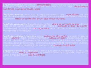 Sequência narrativa é marcada pela temporalidade; como seu material é o fato e a ação, a
progressão temporal é essencial para seu desenrolar, ou seja, desenvolve-se
num tempo e num determinado espaço.
Sequência descritiva: nesse tipo de sequência, marcada pela espacialidade, não há
sucessão de acontecimentos no tempo,mas sim a apresentação de uma imagem que busca
reproduzir o estado do ser descrito, em um determinado momento.
Sequência argumentativa: é aquela em que se faz a defesa de um ponto de vista, de uma
ideia, ou em que se questiona algum fato. Intenta-se persuadir o leitor ou ouvinte,
fundamentando o que se diz com argumentos de acordo com o assunto ou tema, a
ou o contexto e o interlocutor.
Sequência explicativa ou expositiva: intenta explicar dar informações a respeito de alguma
coisa. O objetivo é fazer com que o interlocutor/ adquira um saber, um conhecimento que
até então não tinha. É fundamental destacar que, nos textos explicativos, não se faz defesa
uma ideia, de um ponto de vista, - características básicas do texto argumentativo. Os textos
explicativos tratam da identificação de fenômenos, de conceitos, de definições.
Sequência injuntiva ou instrucional:a marca fundamental da sequência injuntiva ou
instrucional é o verbo no imperativo ( injuntivo é sinônimo de "obrigatório", "imperativo"),
outras formas que indicam ordem, orientação.
 