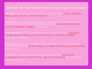 Gêneros de texto predominantes nas sequências textuais
Narrativa: tipo textual predominante em gêneros como crônica, romance,
fábula, piada, novela, conto de fadas etc.
Descritiva: tipo textual predominante em gêneros como retrato, anúncio
classificado, lista de ingredientes de uma receita, guias turísticos, listas de
compras, legenda, cardápio, entre outros.
Argumentativa: tipo textual predominante em gêneros como manifesto,
sermão, ensaio, editorial de um jornal, crítica, monografia, redações
tese de doutorado etc.
Expositiva: tipo textual predominante em gêneros como aulas expositivas,
conferências, capítulo de livro didático, verbetes de dicionários, enciclopédias,
entre outros.
Injuntiva: tipo textual predominante em gêneros como horóscopo,
propaganda, bula, receita culinária, manual de instruções de um aparelho,
de autoajuda etc.
 
