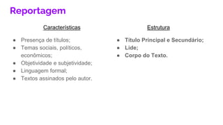 Apresentação dos gêneros textuais artigo de opinião, reportagem ...