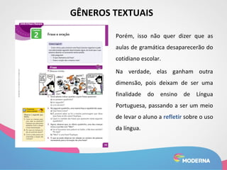 GÊNEROS TEXTUAIS 
Porém, isso não quer dizer que as 
aulas de gramática desaparecerão do 
cotidiano escolar. 
Na verdade, elas ganham outra 
dimensão, pois deixam de ser uma 
finalidade do ensino de Língua 
Portuguesa, passando a ser um meio 
de levar o aluno a refletir sobre o uso 
da língua. 
 