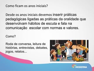 Como ficam os anos iniciais? 
Desde os anos iniciais devemos inserir práticas 
pedagógicas ligadas as práticas da oralidade que 
desenvolvam hábitos de escuta e fala na 
comunicação escolar com normas e valores. 
Como? 
Roda de conversa, leitura de 
histórias, entrevistas, debates, 
jogos, relatos... 
 