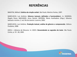 REFERÊNCIAS 
BAKHTIN, Mikhail. Estética da criação verbal. São Paulo: Martins Fontes, 1997. 
MARCUSCHI, Luiz Antônio. Gêneros textuais: definição e funcionalidade. In: DIONÍSIO, 
Ângela Paiva; MACHADO, Anna Rachel; BEZERRA, Maria Auxiliadora (Orgs.) Gêneros 
textuais e ensino. 2. ed. Rio de Janeiro: Lucerna, 2002. 
MARCUSCHI, Luiz Antônio. Produção textual, análise de gêneros e compreensão. Editora: 
Parábola, 2008. 
KOCH, I. Gêneros do Discurso. In: KOCH. Desvendando os segredos do texto. São Paulo: 
Cortez, p. 53 - 60, 2002. 
 