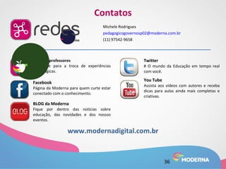Contatos 
Michele Rodrigues 
pedagogicogovernosp02@moderna.com.br 
(11) 97542-9658 
Sala dos professores 
Ambiente para a troca de experiências 
pedagógicas. 
Twitter 
# O mundo da Educação em tempo real 
com você. 
Facebook 
Página da Moderna para quem curte estar 
conectado com o conhecimento. 
You Tube 
Assista aos vídeos com autores e receba 
dicas para aulas ainda mais completas e 
criativas. 
BLOG da Moderna 
Fique por dentro das notícias sobre 
educação, das novidades e dos nossos 
eventos. 
www.modernadigital.com.br 
36 
