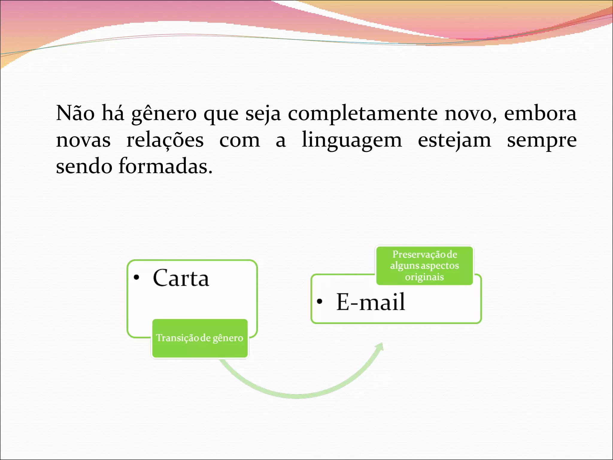 Não há gênero que seja completamente novo, embora
novas relações com a linguagem estejam sempre
sendo formadas.
 