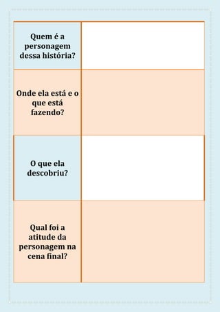 Quem é a
personagem
dessa história?
Onde ela está e o
que está
fazendo?
O que ela
descobriu?
Qual foi a
atitude da
personagem na
cena final?
 