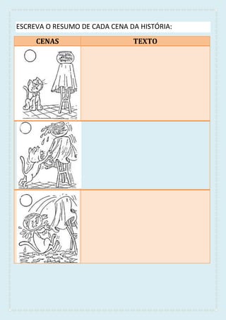 ESCREVA O RESUMO DE CADA CENA DA HISTÓRIA:
CENAS TEXTO
 