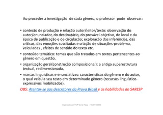 Ao proceder a investigação de cada gênero, o professor pode observar:
• contexto de produção e relação autor/leitor/texto: observação do
autor/enunciador, do destinatário, do provável objetivo, do local e da
época de publicação e de circulação; exploração das inferências, das
críticas, das emoções suscitadas e criação de situações-problema,
veiculadas , efeitos de sentido do texto etc.
• conteúdo temático: temas que são tratados em textos pertencentes ao
gênero em questão.
• organização geral(construção composicional): a antiga superestrutura
textual, redimensionada.
• marcas linguísticas e enunciativas: características do gênero e do autor,
o qual veicula seu texto em determinado gênero (recursos linguístico-
expressivos mobilizados).
OBS: Atentar-se aos descritores da Prova Brasil e as habilidades do SARESP
Organizado por Profª Sonia Piaya - (15) 91130888
 