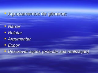 Agrupamentos de gêneros : Narrar Relatar Argumentar Expor Descrever ações (orientar sua realização) 