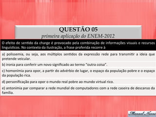 QUESTÃO 05
primeira aplicação do ENEM-2012
O	
  efeito	
  de	
  senDdo	
  da	
  charge	
  é	
  provocado	
  pela	
  combinação	
  de	
  informações	
  visuais	
  e	
  recursos	
  
linguísDcos.	
  No	
  contexto	
  da	
  ilustração,	
  a	
  frase	
  proferida	
  recorre	
  à	
  
a)	
   polissemia,	
   ou	
   seja,	
   aos	
   múlDplos	
   senDdos	
   da	
   expressão	
   rede	
   para	
   transmiDr	
   a	
   ideia	
   que	
  
pretende	
  veicular.	
  
b)	
  ironia	
  para	
  conferir	
  um	
  novo	
  signiﬁcado	
  ao	
  termo	
  “outra	
  coisa”.	
  
c)	
  homonímia	
  para	
  opor,	
  a	
  parDr	
  do	
  advérbio	
  de	
  lugar,	
  o	
  espaço	
  da	
  população	
  pobre	
  e	
  o	
  espaço	
  
da	
  população	
  rica.	
  
d)	
  personiﬁcação	
  para	
  opor	
  o	
  mundo	
  real	
  pobre	
  ao	
  mundo	
  virtual	
  rico.	
  
e)	
  antonímia	
  par	
  comparar	
  a	
  rede	
  mundial	
  de	
  computadores	
  com	
  a	
  rede	
  caseira	
  de	
  descanso	
  da	
  
família.	
  
 